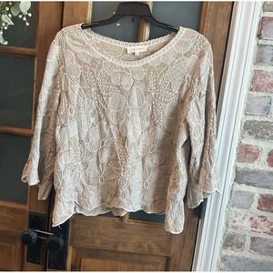 Solitaire Women's Top XL Tan Floral Lace Bell 3/4 Sleeve Boho Preppy Romantic